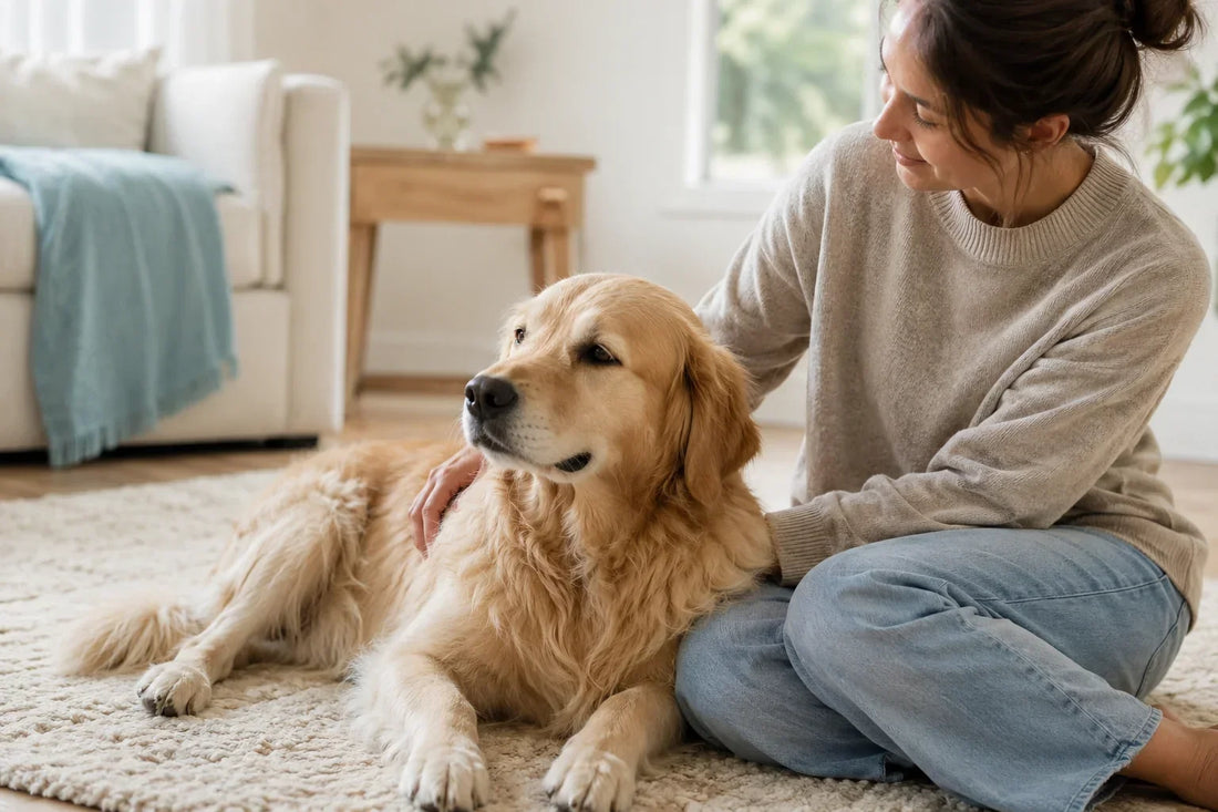Golden Retriever relaxing beside a pet parent during a gentle calming routine at home