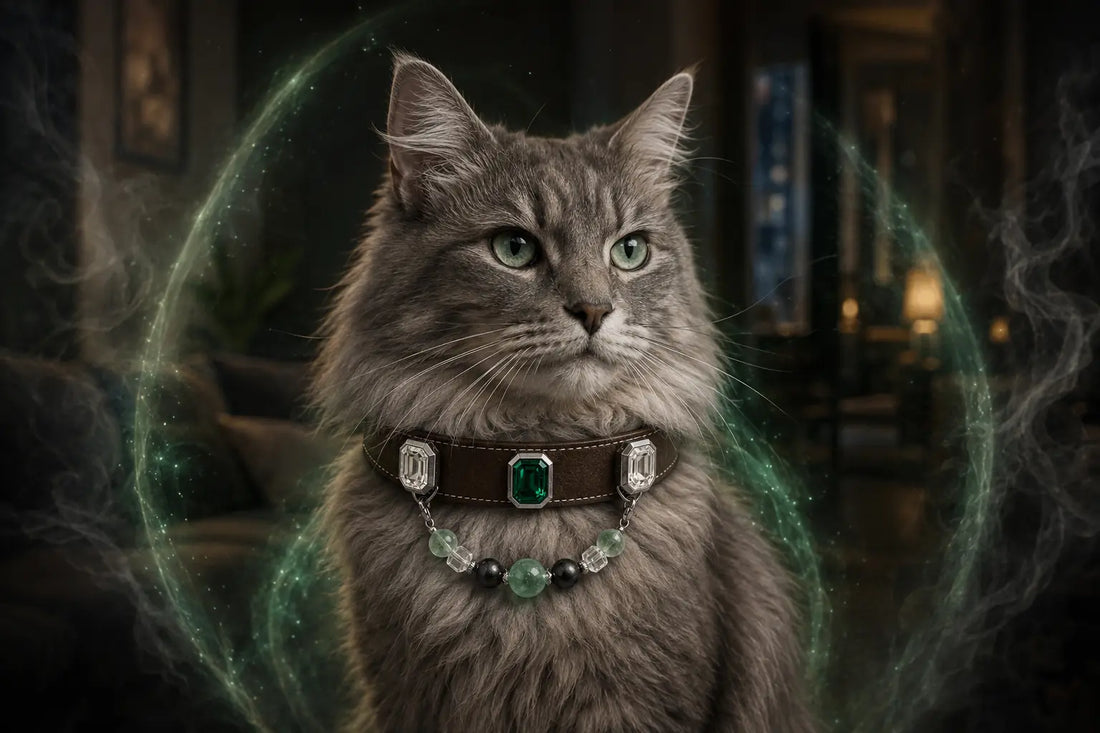 Silver-smoke long-haired cat wearing Verdant Grove crystal pet jewelry inside a protective emerald energy field