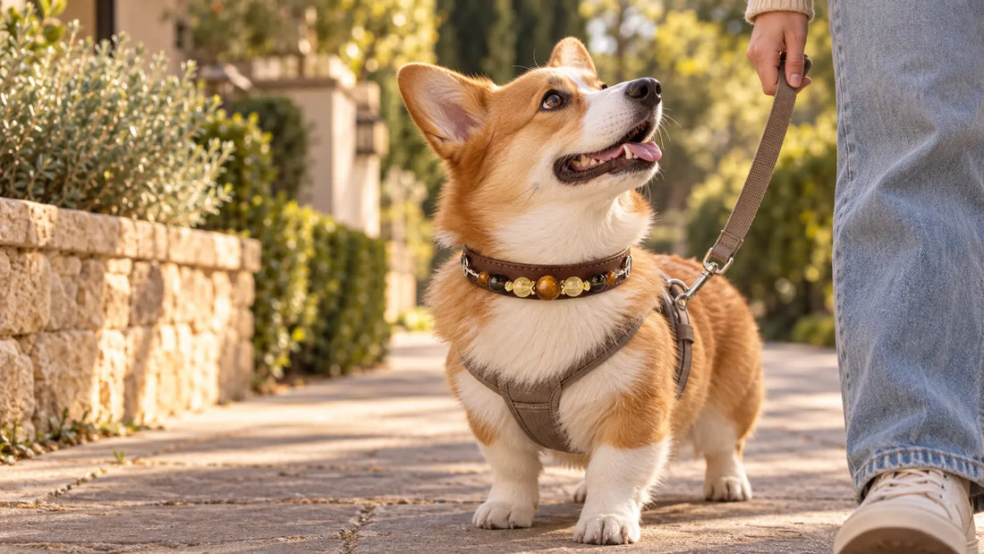 Corgi reconnecting with its owner while wearing the Sable Ember Tiger’s Eye pet jewelry collar on a calm outdoor walk
