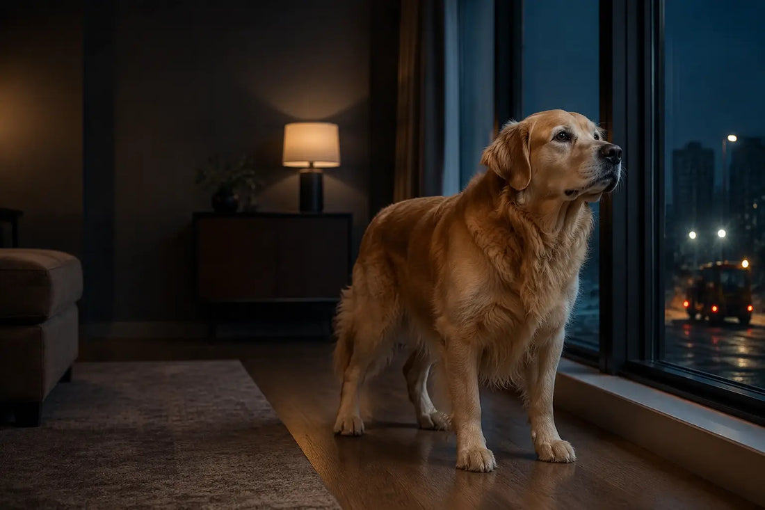 Golden retriever still tense after a truck passes at night, illustrating dog noise anxiety