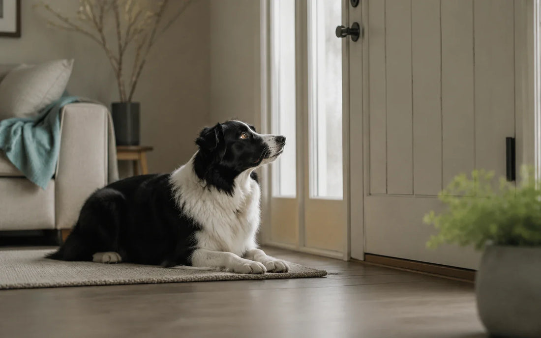 Dog waiting by the front door and showing a possible sign of separation anxiety