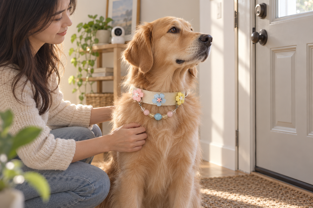 Pet parent calming a dog before departure while recording early signs of separation-related distress