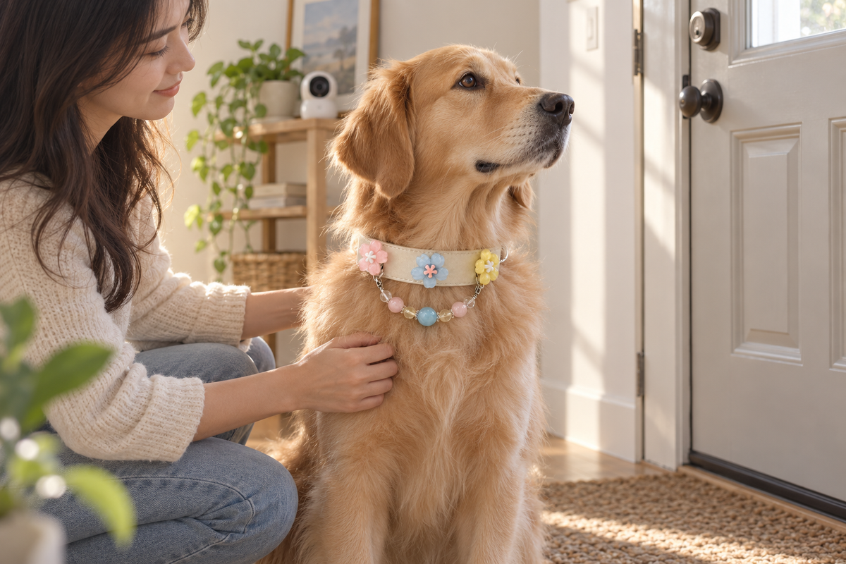 Pet parent calming a dog before departure while recording early signs of separation-related distress