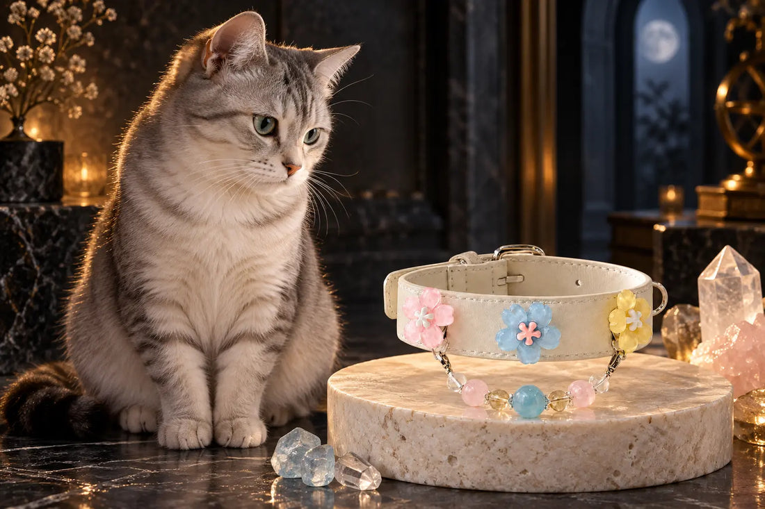 Cat beside KINRIOT crystal pet jewelry chosen for calm, protection, trust and confidence.