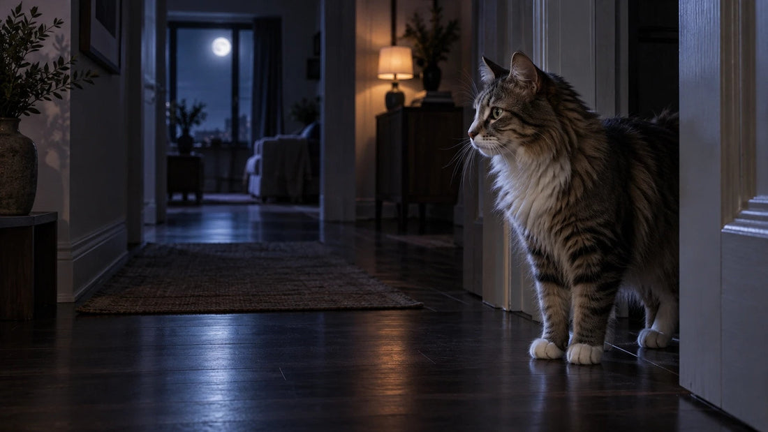 Cat standing alert in a quiet hallway at night, illustrating nighttime restlessness
