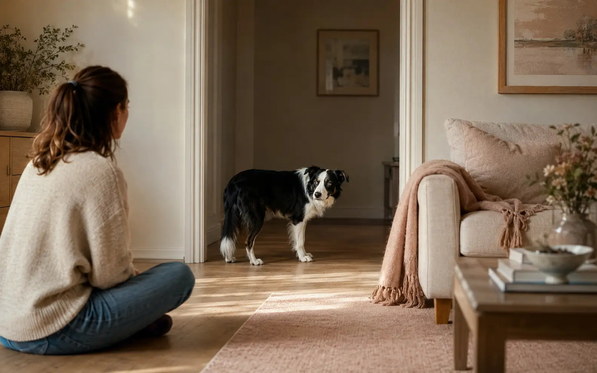 Newly adopted rescue dog cautiously watching its owner from a safe distance