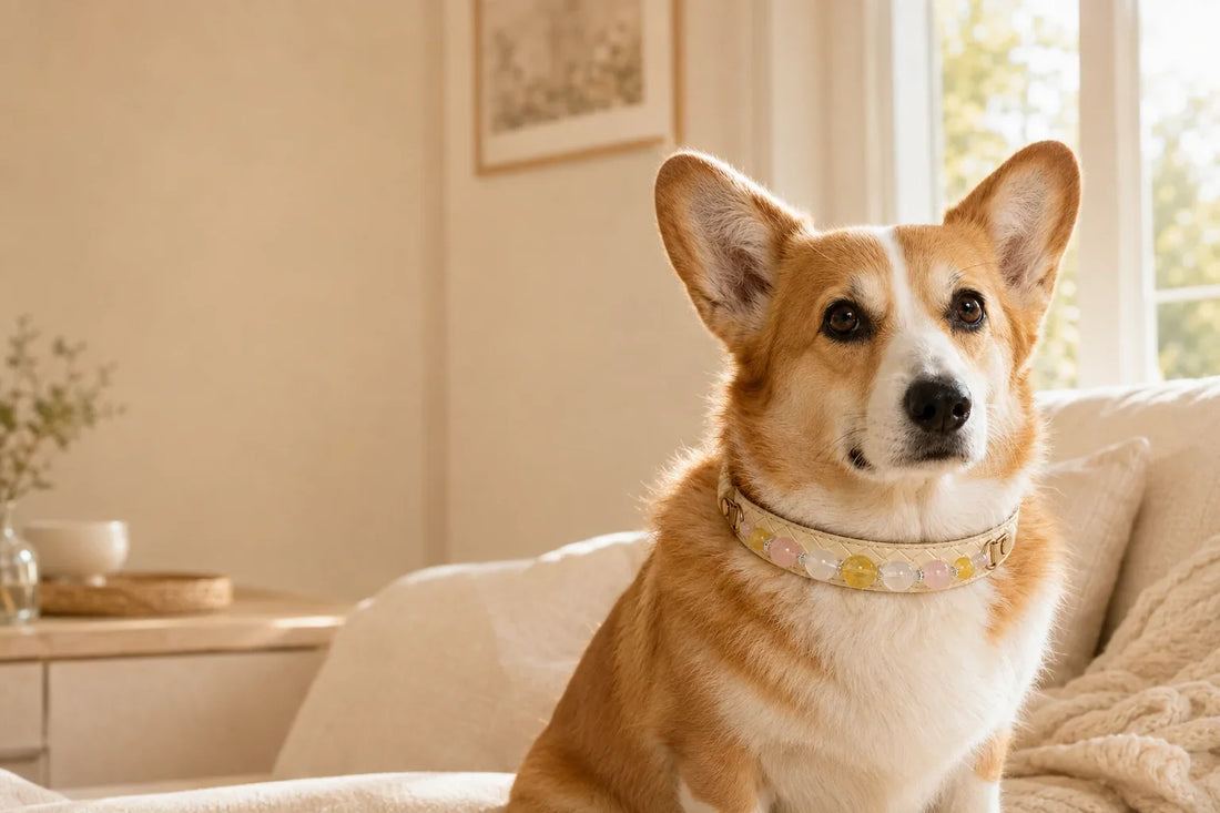 Corgi wearing Aurelia Blush Yellow Fluorite and Rose Quartz pet jewelry collar in warm morning light