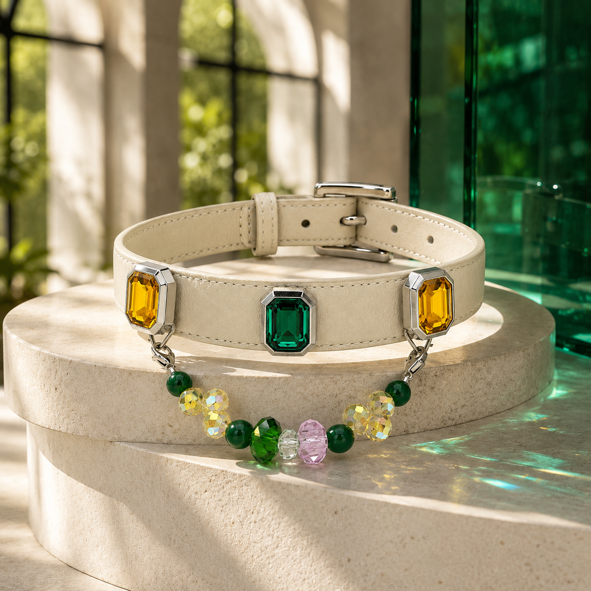Emerald Solstice Green Agate & Sapphire Interchangeable Crystal Pet Jewelry Collar for size-compatible cats and dogs.