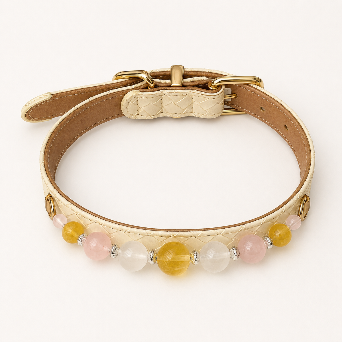 Full Aurelia Blush pet jewelry collar showing its closed shape, hardware, and decorative front.