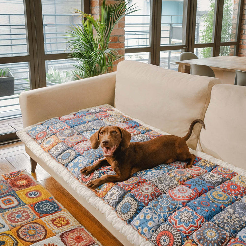 Blue Mandala quilted pet sofa mat with a brown dog on a cream sofa