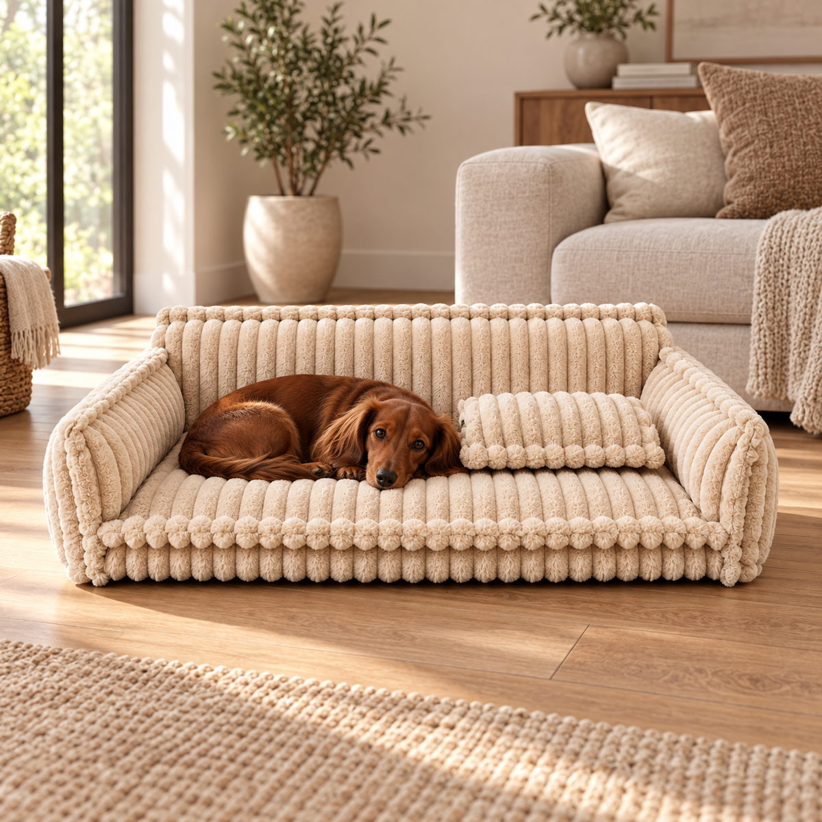 A dachshund resting in the cream ribbed plush sofa bed