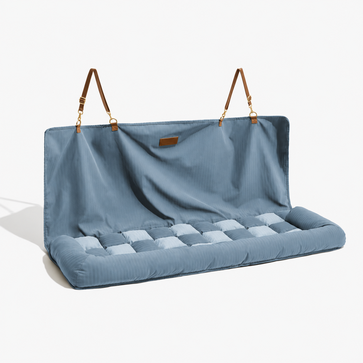 Blue long pet car-seat hammock with checkerboard padded seat, brown hanging straps and blank brown patch.