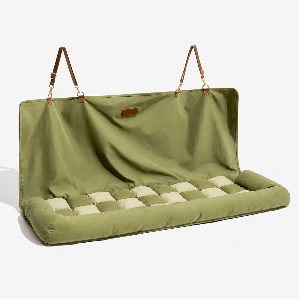 Green long pet car-seat hammock with checkerboard padded seat, brown hanging straps and blank brown patch.