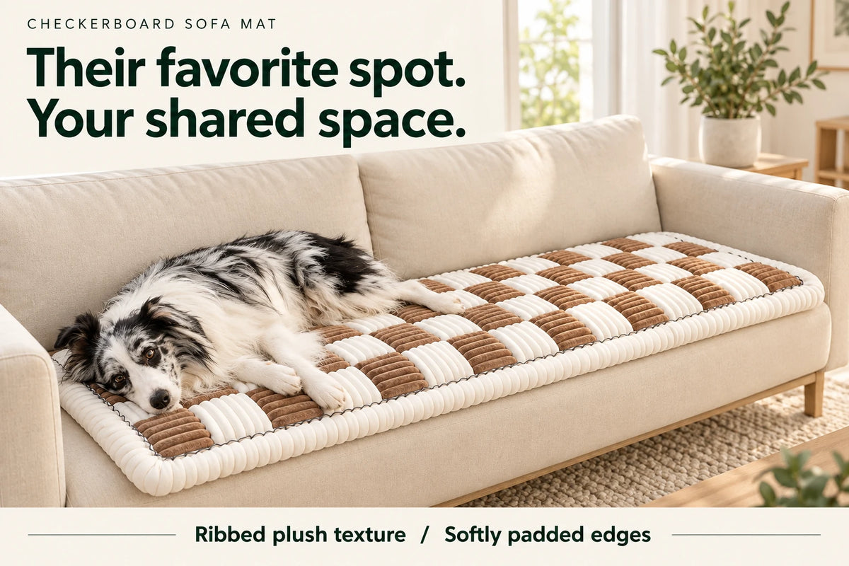 Brown and cream checkerboard mat on a sofa with a resting dog