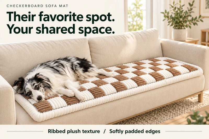 Brown and cream checkerboard mat on a sofa with a resting dog
