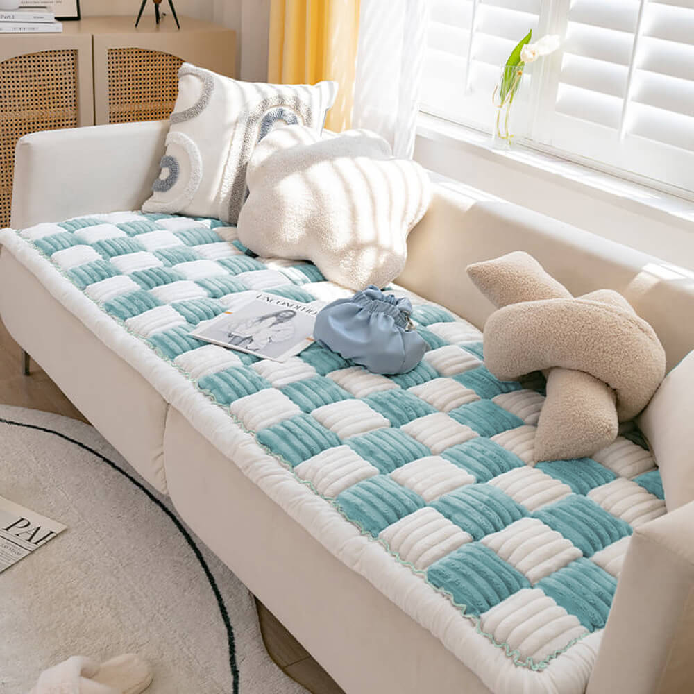 Light Blue and cream ribbed checkerboard pet sofa mat