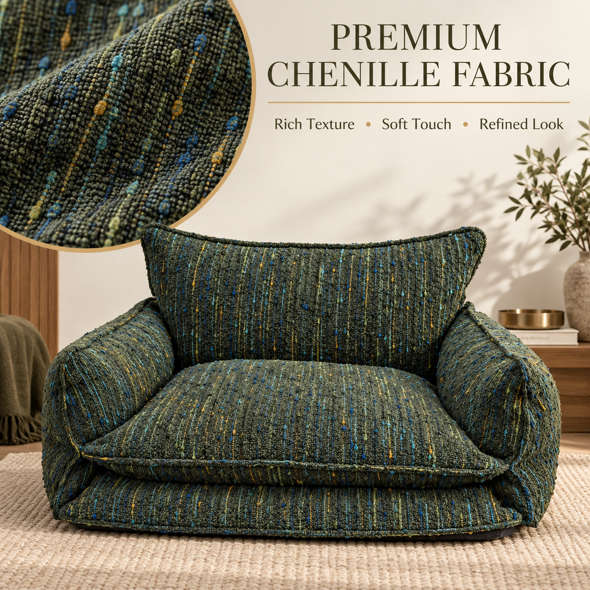 Close-up of textured green chenille fabric