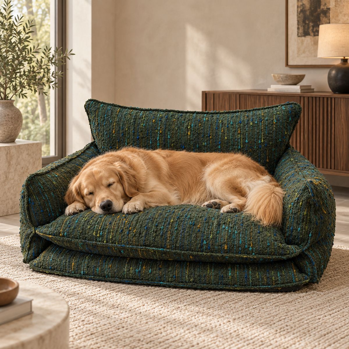 Golden retriever resting on the green chenille dog sofa