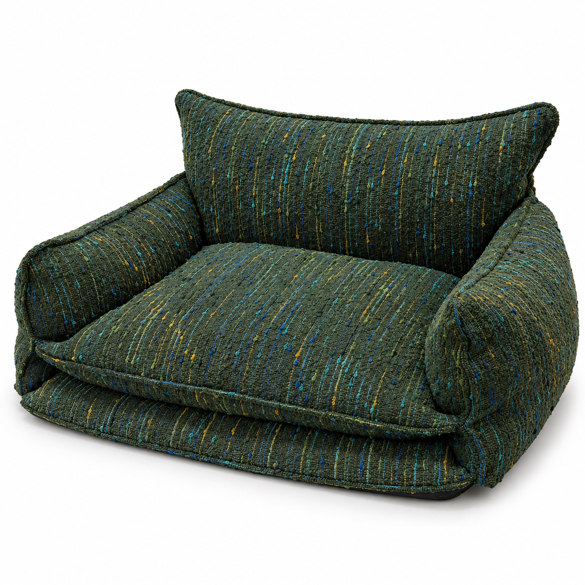 Green chenille dog sofa bed with cushioned back and armrests