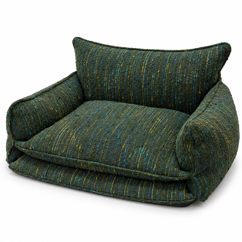 Green chenille dog sofa bed with cushioned back and armrests