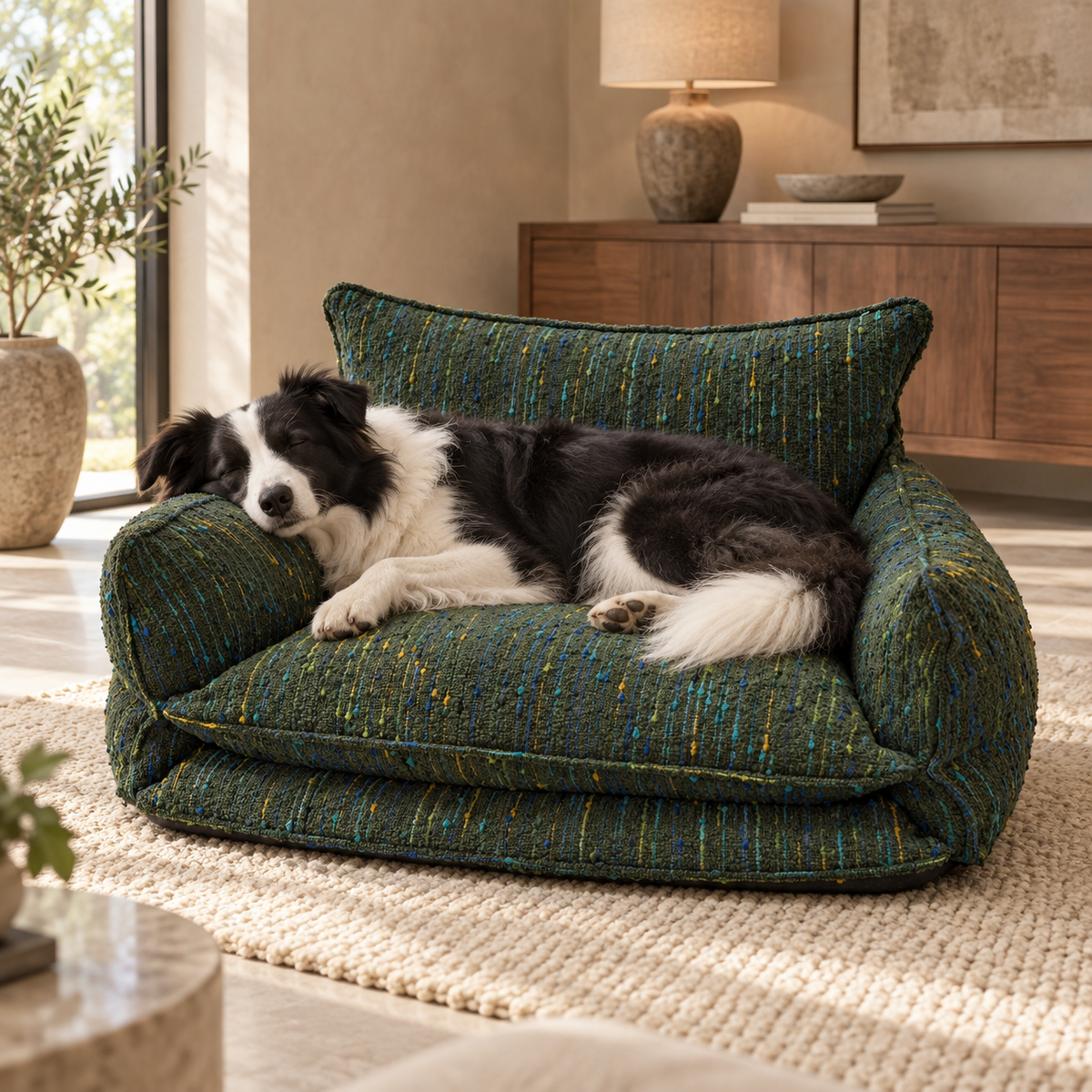 Border collie resting against the dog sofa armrest