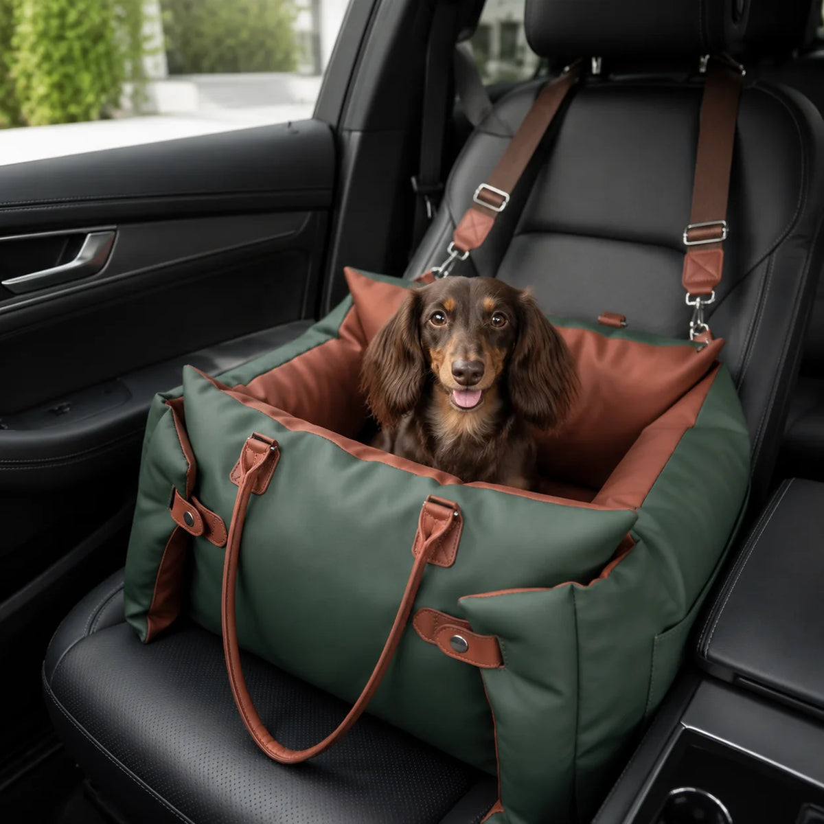 Dachshund sitting in a green CityNest small pet carrier secured on a car seat.