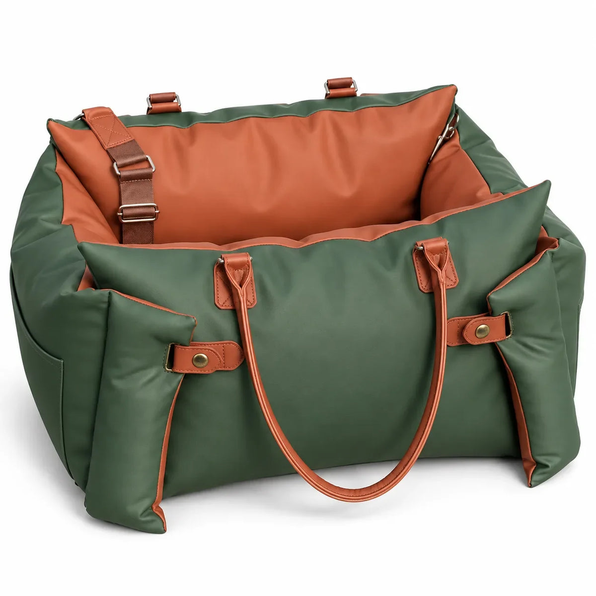 Green pet travel carrier with orange lining and tan carrying handles