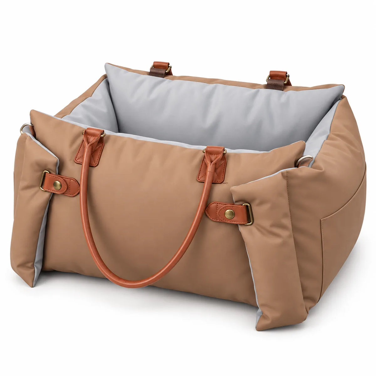 Brown pet travel carrier with grey lining and rust coloured handles