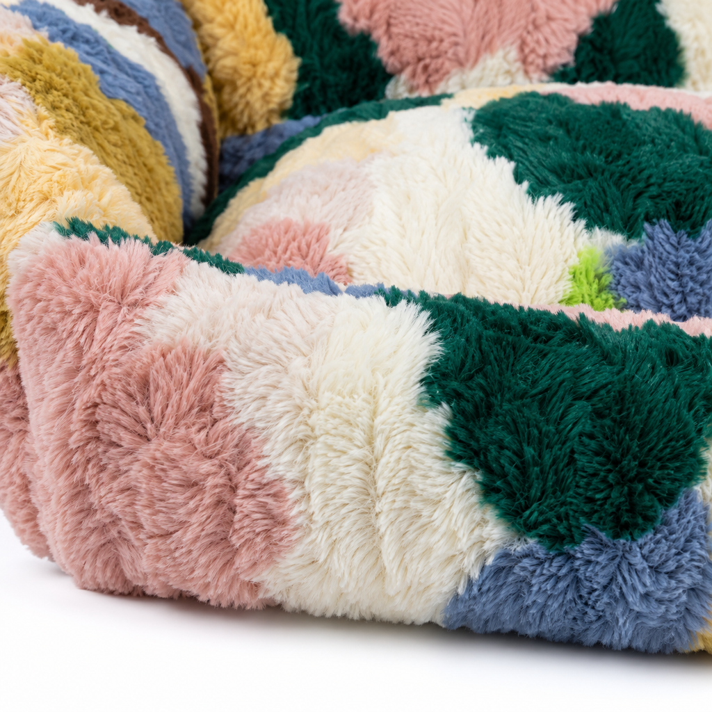Close-up of the multicolor pet nest's shaggy plush fabric and rounded front bolster.