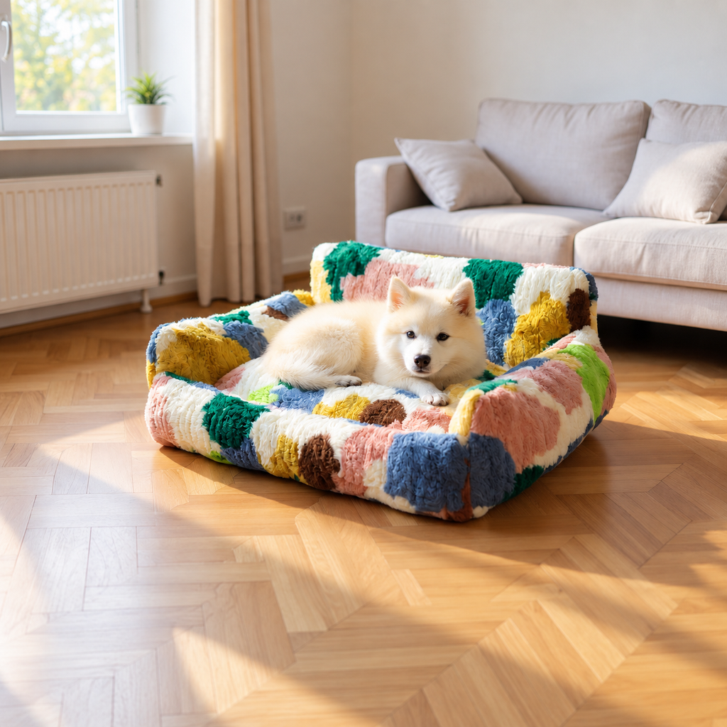 Cream puppy resting in a multicolor green plush pet nest beside a sofa in sunlight.
