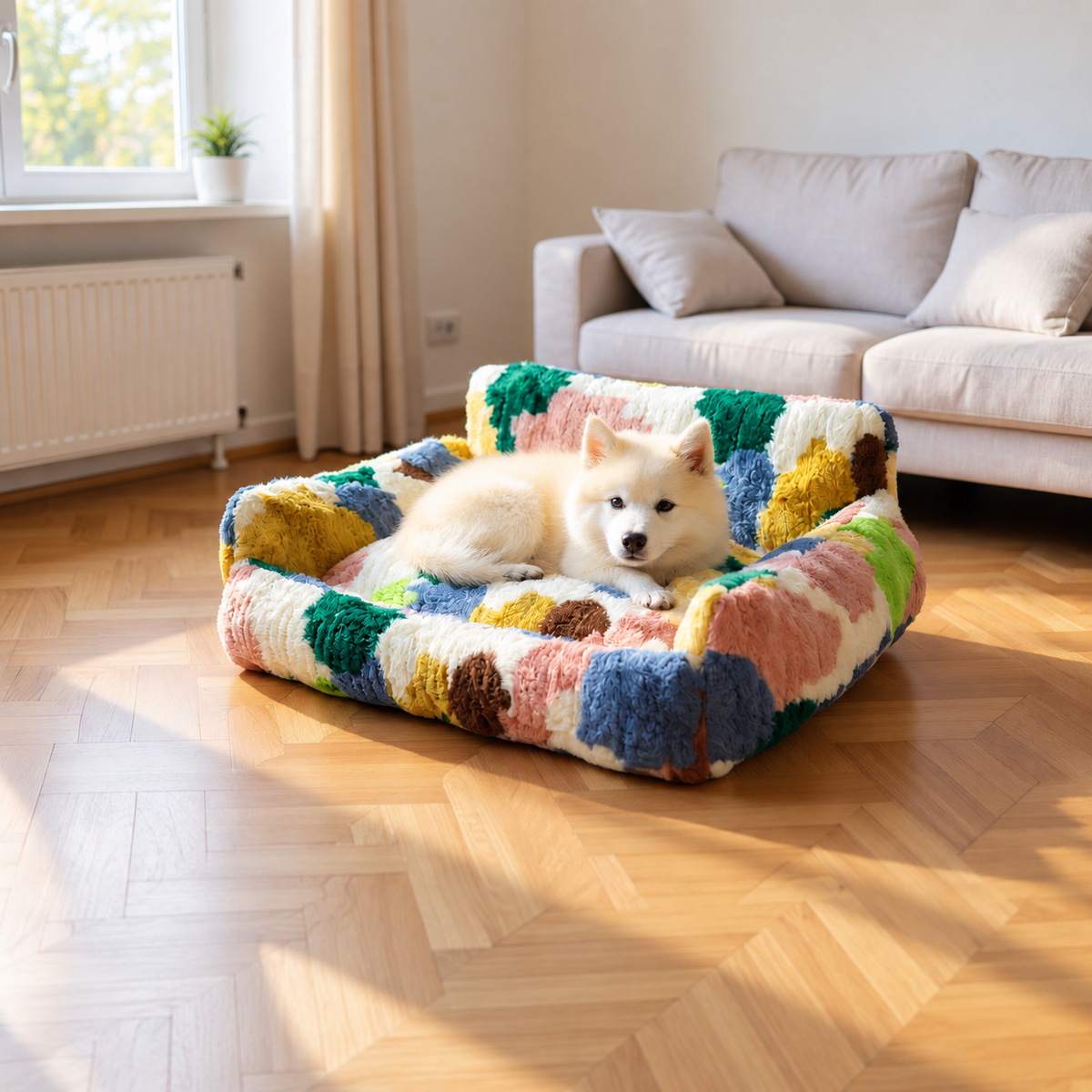 Cream puppy resting in a multicolor green plush pet nest beside a sofa in sunlight.