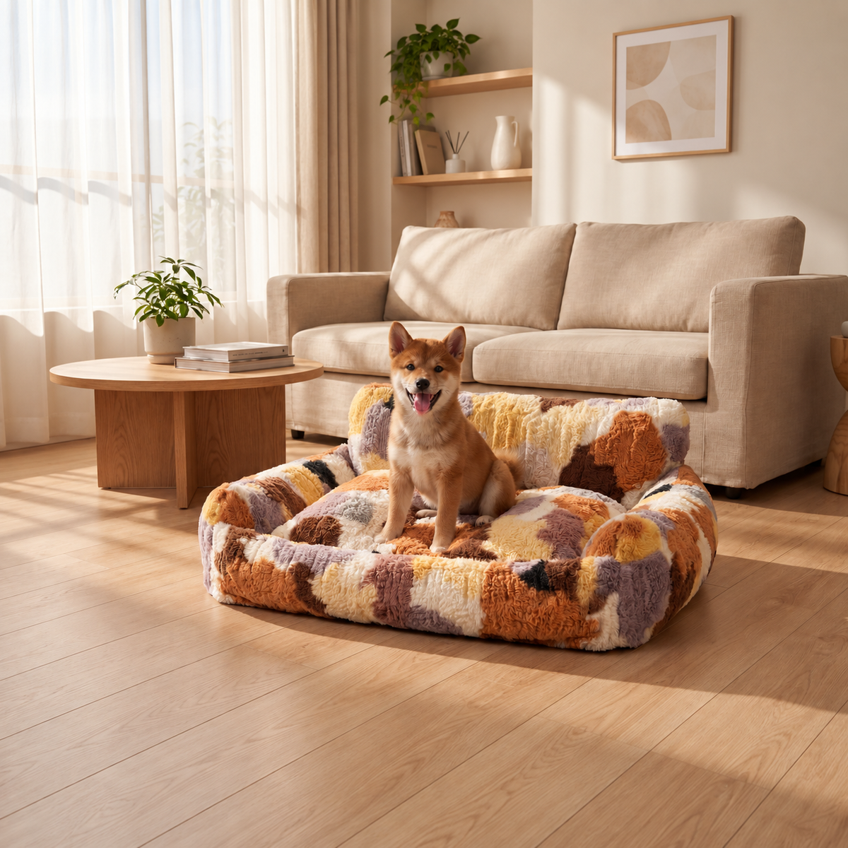 Shiba Inu puppy sitting in a light brown colorblock plush pet nest in a warm living room.