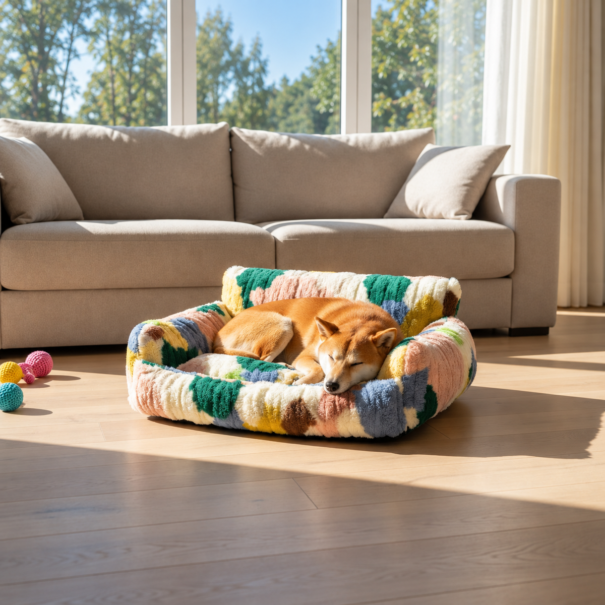 Sleeping Shiba Inu curled in a multicolor green plush pet nest in front of a sofa.