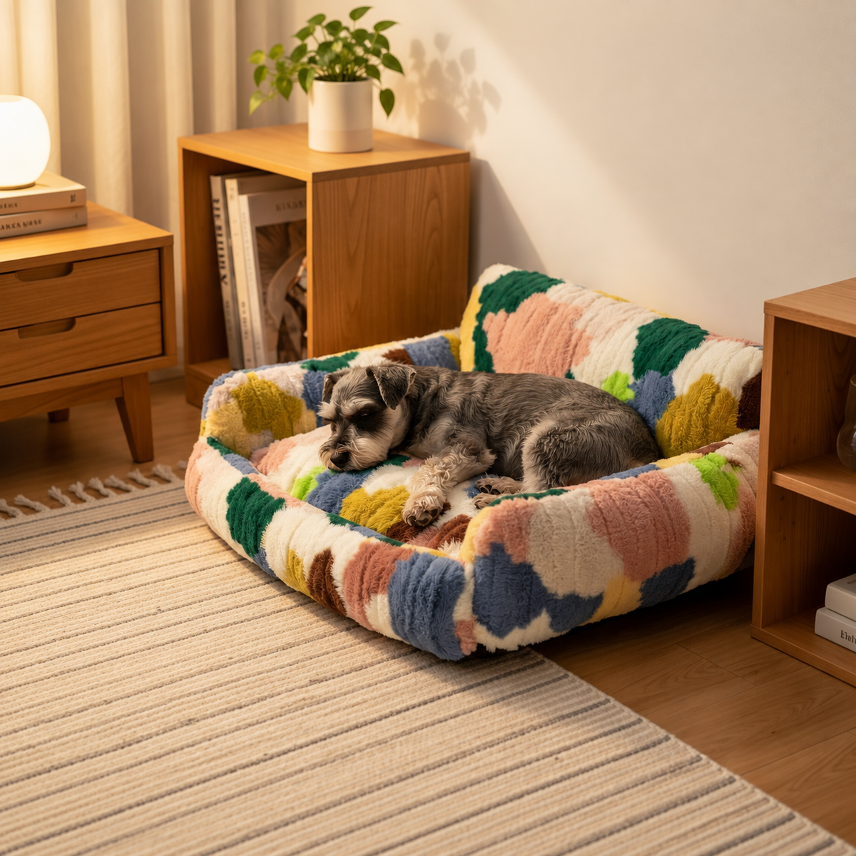 Schnauzer resting in a multicolor green plush pet nest in a cozy reading corner.