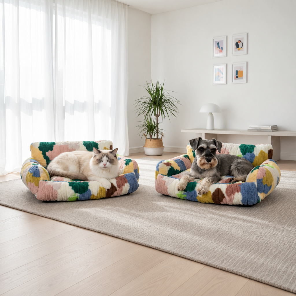 Cat and schnauzer resting in two multicolor green plush pet nests in a bright living room.