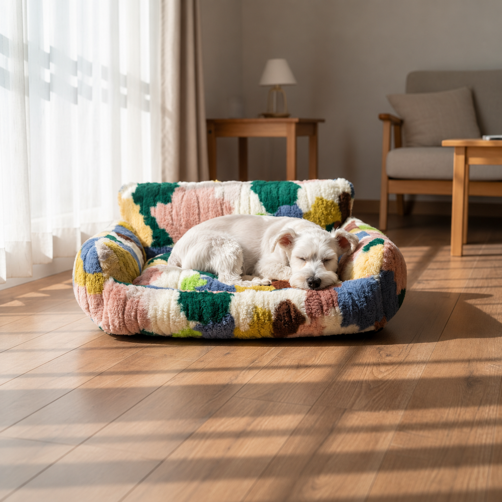 Small white dog sleeping in a multicolor green plush pet nest beside a sunlit window.