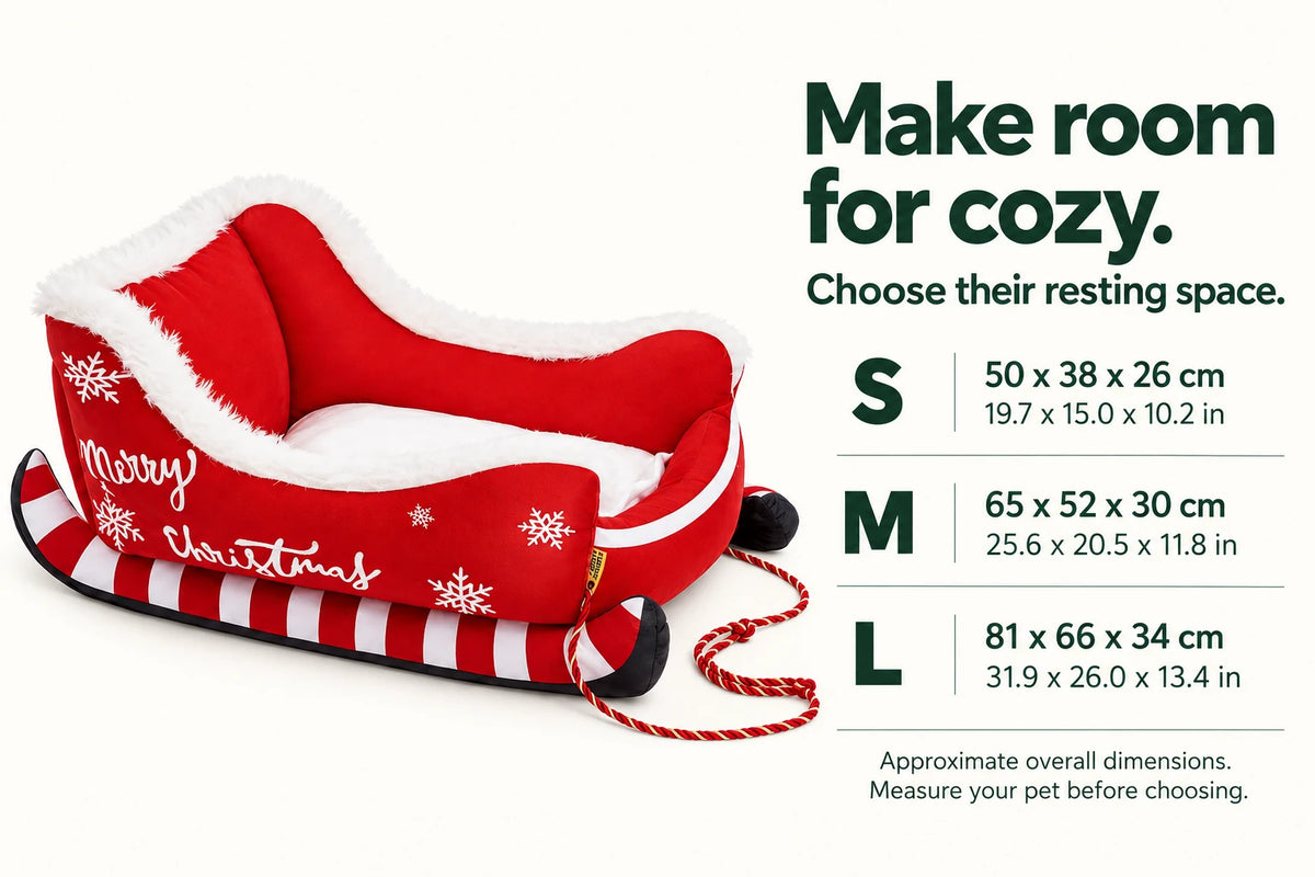 Holiday Sleigh Pet Bed size guide for S M and L