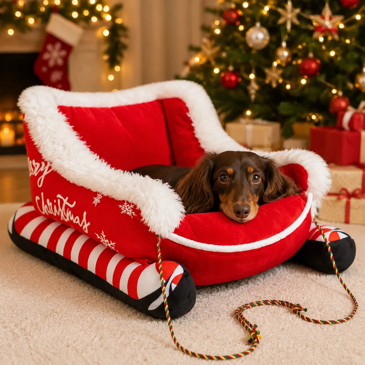 Dachshund resting in a red sleigh shaped pet bed beside a Christmas tree