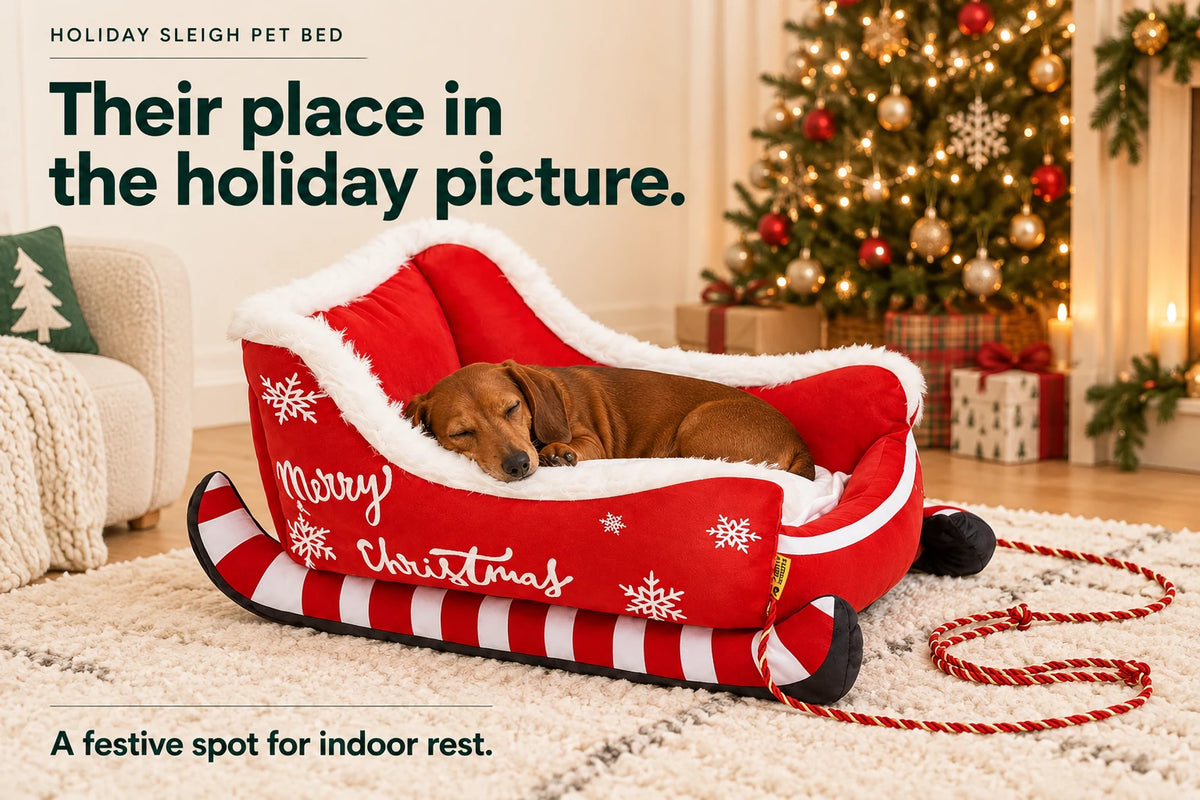 Dachshund resting in the red Holiday Sleigh Pet Bed beside a Christmas tree