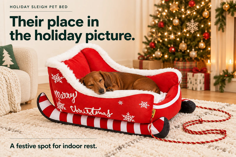 Dachshund resting in the red Holiday Sleigh Pet Bed beside a Christmas tree