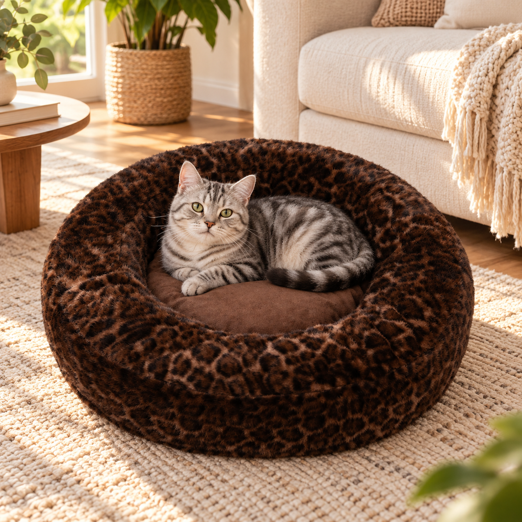 A tabby cat resting in the leopard print round pet bed