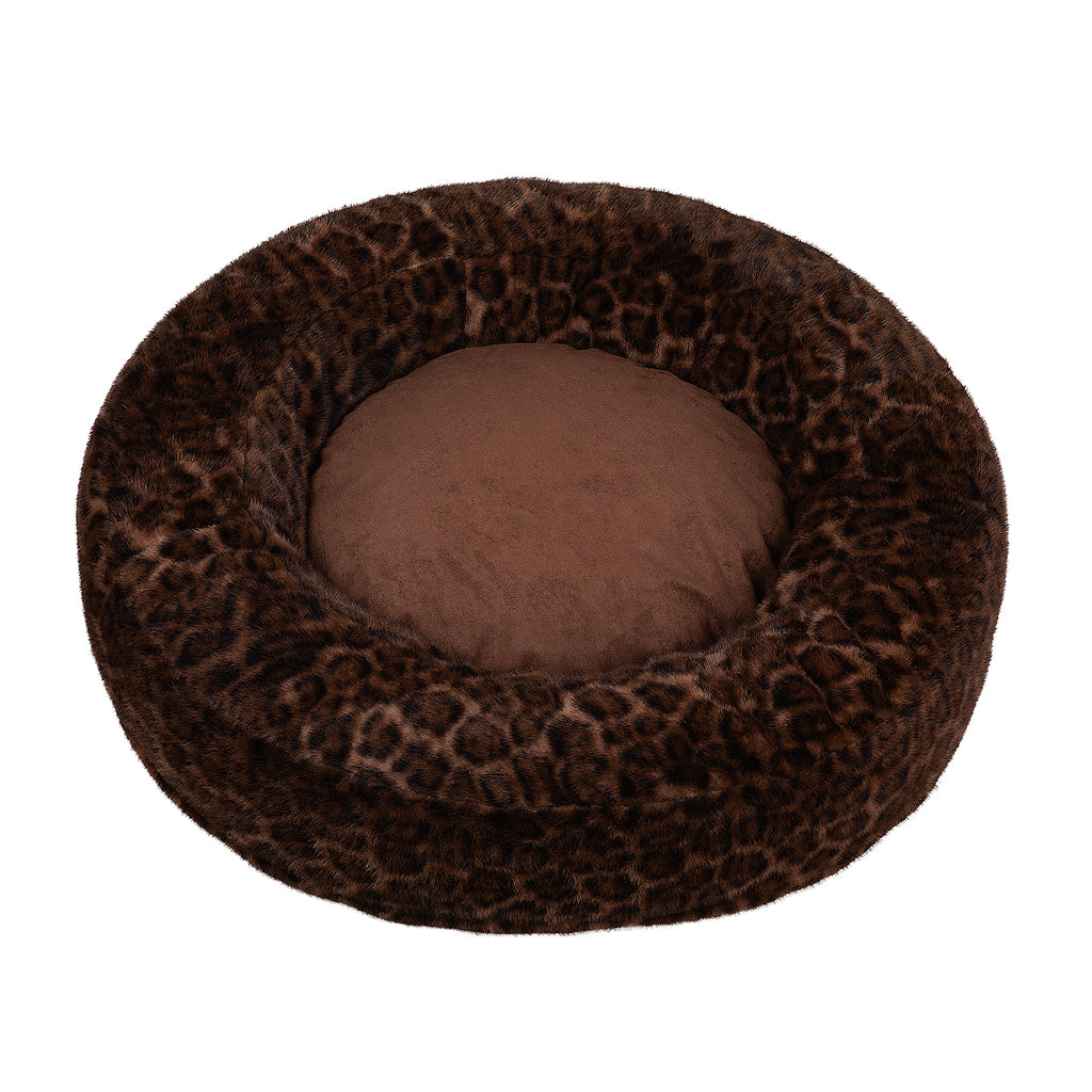 Leopard print round pet bed on a white background