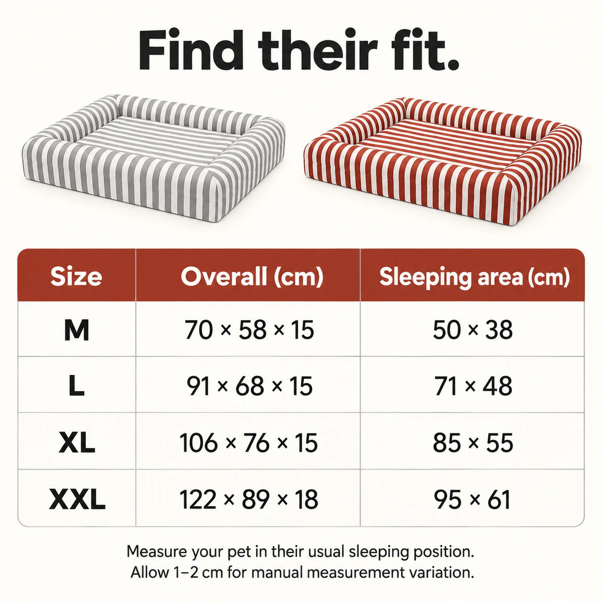 Oxford pet bed size chart showing overall and sleeping-area dimensions