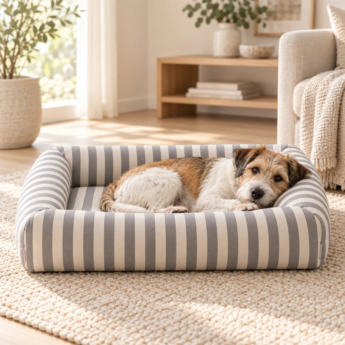 Terrier resting on the Soft Gray striped Oxford bolster pet bed