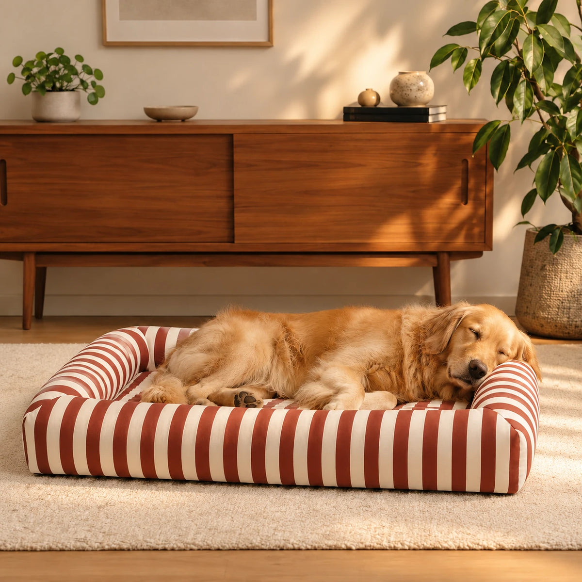 Golden retriever resting on the Rust Red striped Oxford bolster pet bed
