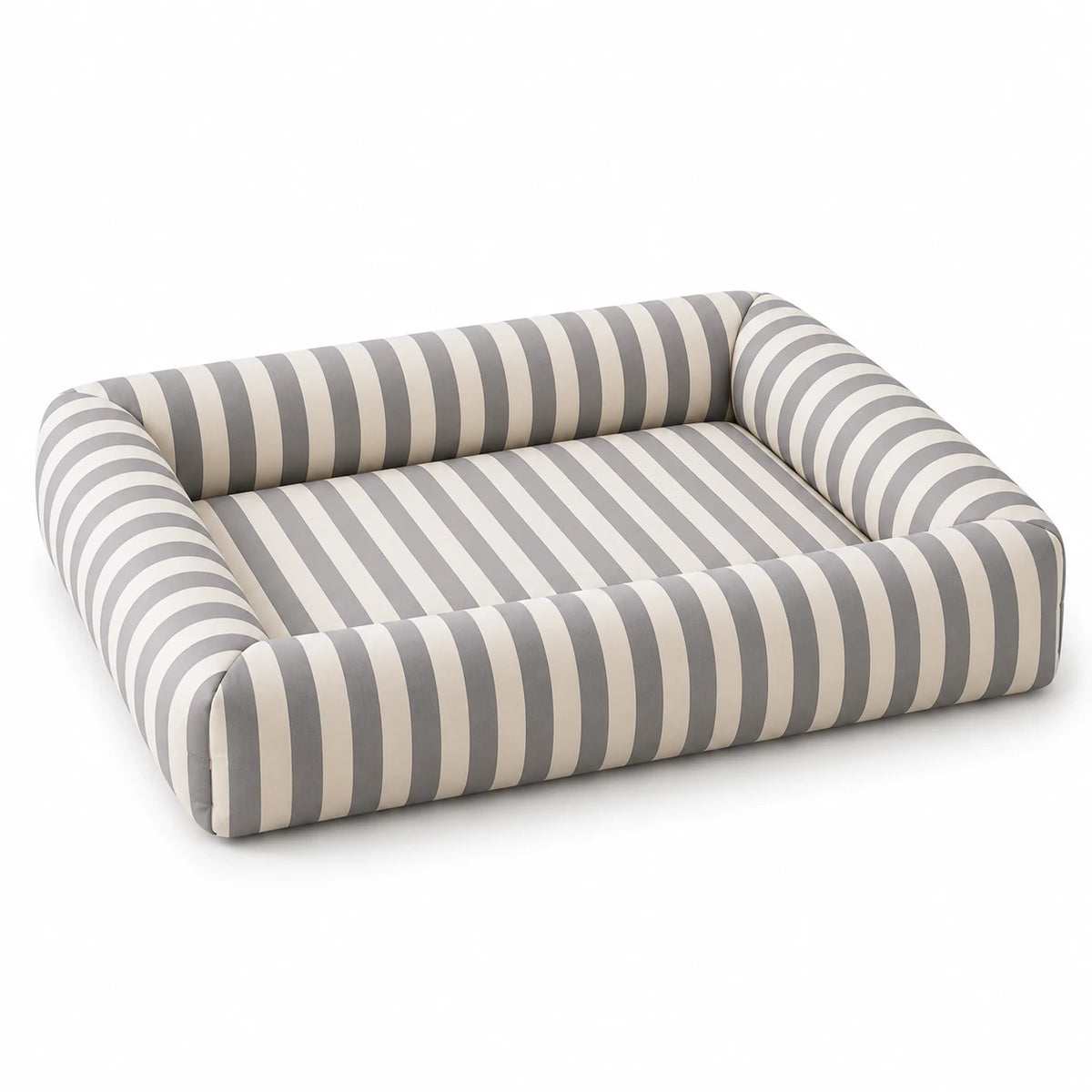 Soft Gray and cream striped Oxford pet bed on a white background