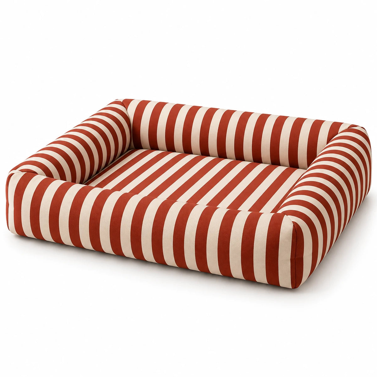 Rust Red and cream striped Oxford pet bed on a white background