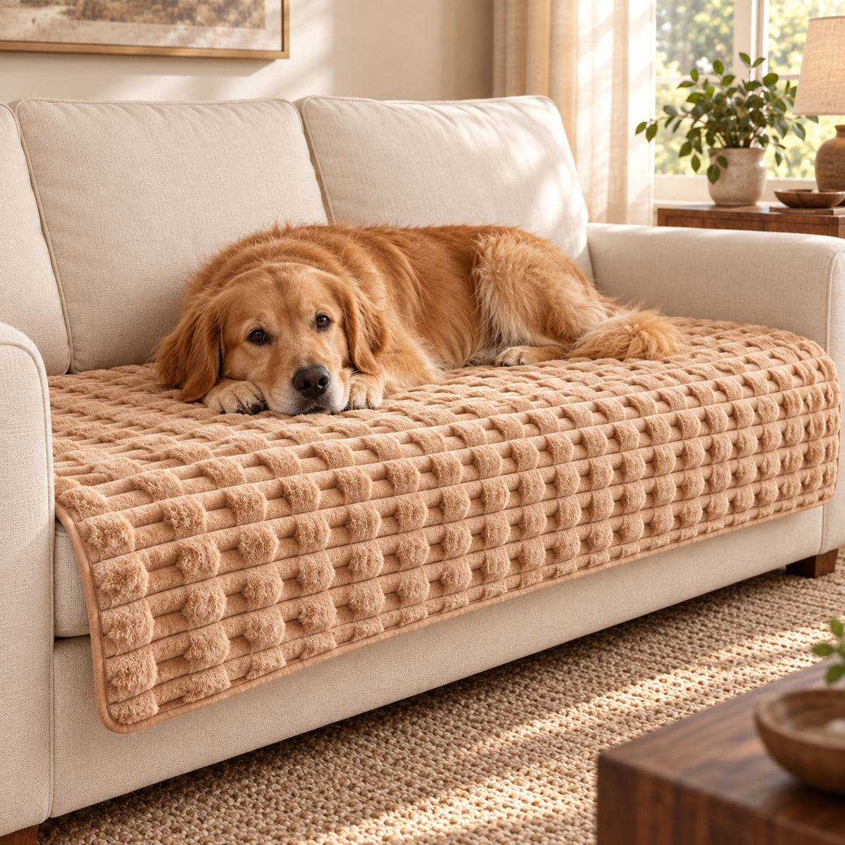 A golden retriever resting on the camel textured plush sofa cover