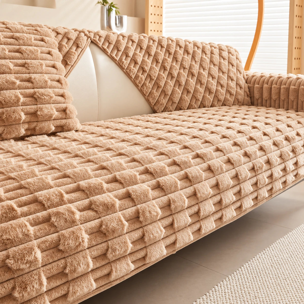 Camel textured plush sofa cover