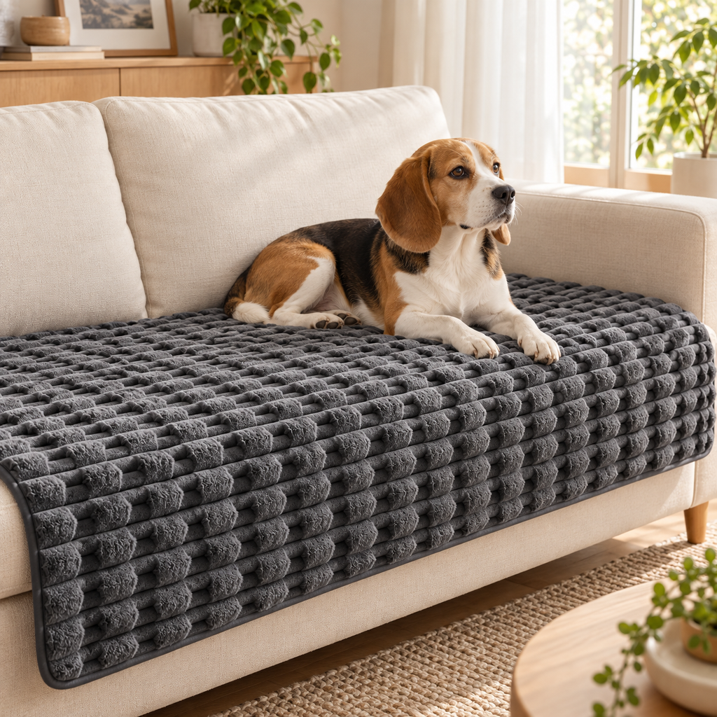 A beagle resting on the charcoal textured plush sofa cover